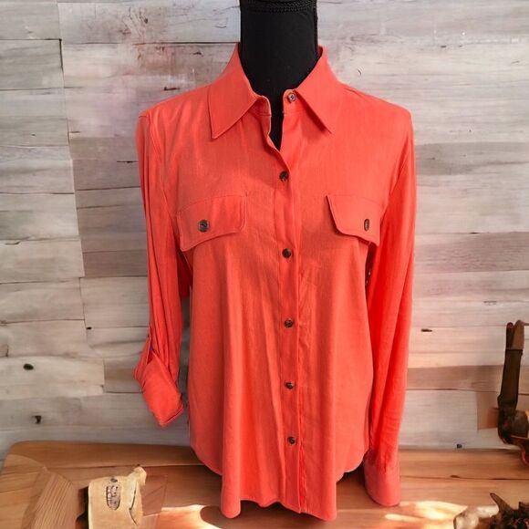 Preston & York Salmon Colored Linen Button Up Top w sleeve roll up option sz S - Picture 1 of 8